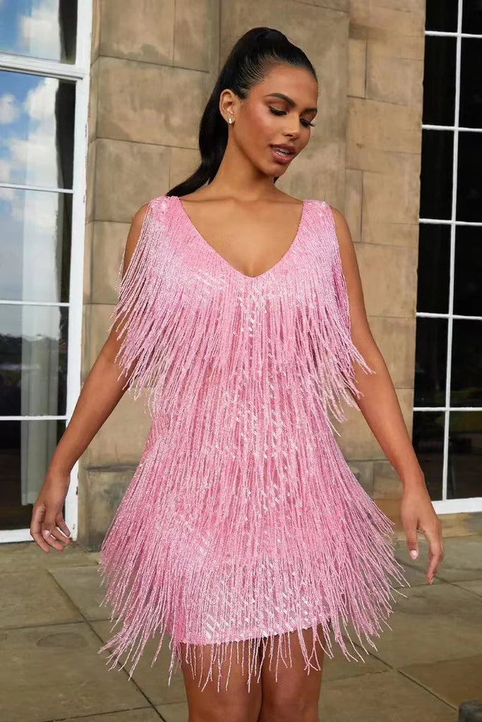 Women’s Fringe Hem Puff Sleeve Party Dress