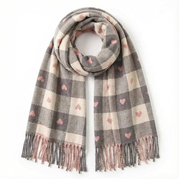 Heart Check Wool Blend Tassel Scarf Wrap