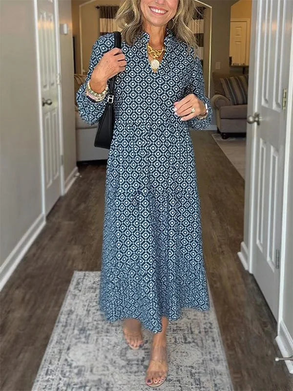 Women's V Neck Vintage Printed Maxi Dress