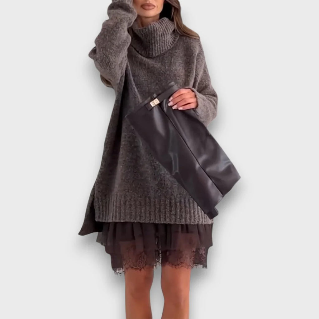 Women’s Knit Turtleneck Jumper and Lace Hem Slip Dress Set