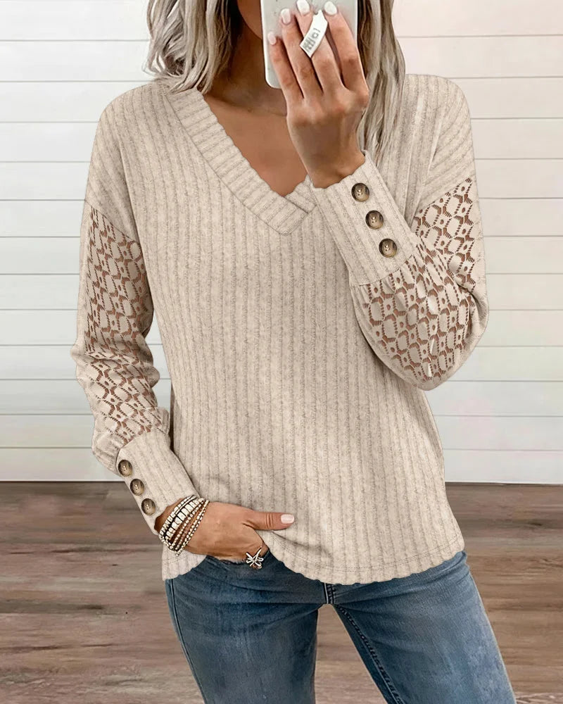Women’s Lace Sleeve Button-Cuff Ribbed V-Neck Knit Top