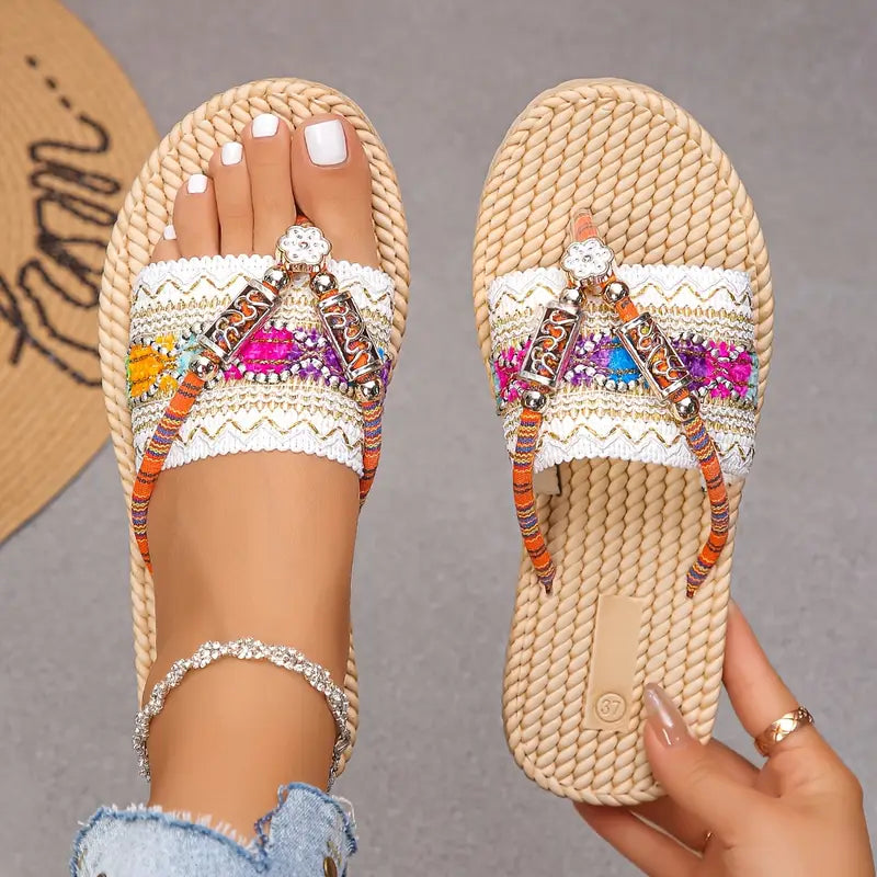 🌸 Boho Ethnic Beaded Strap Flat Sandals