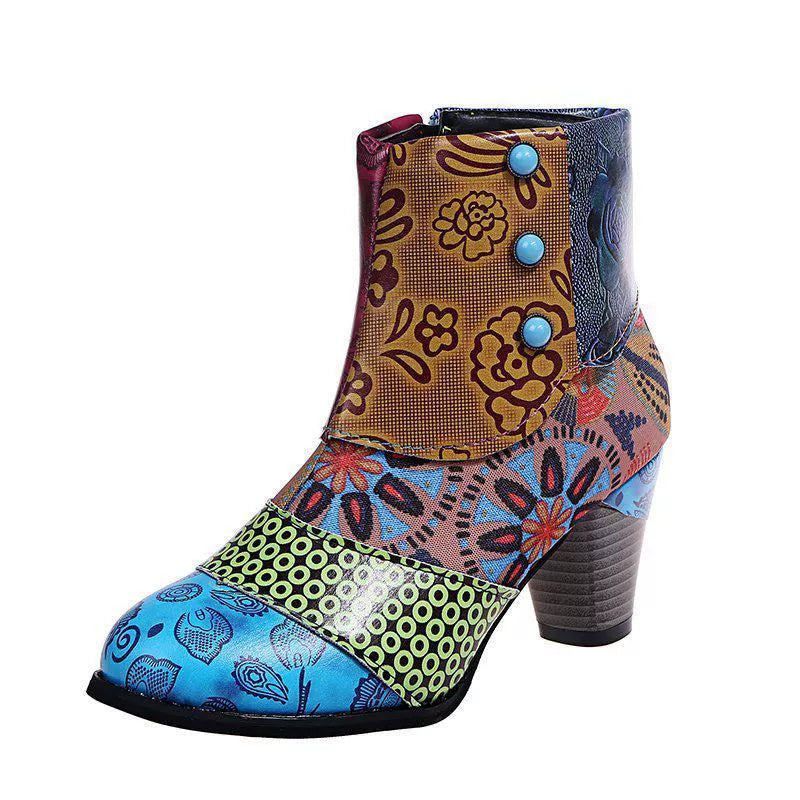 Women’s Patchwork Print Side Zip Ankle Boots