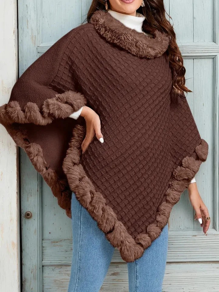 Women’s Faux-Fur Trim Knitted Winter Poncho Scarf