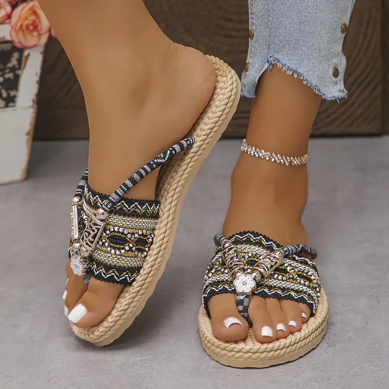 🌸 Boho Ethnic Beaded Strap Flat Sandals