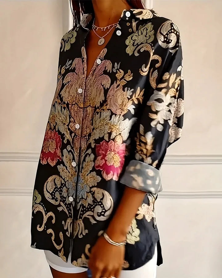 Women’s Floral Button-Front Collared Long Sleeve Shirt