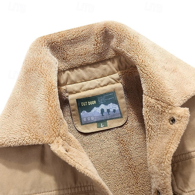 Men’s Cow-Print Sherpa Fleece Cargo Winter Jacket