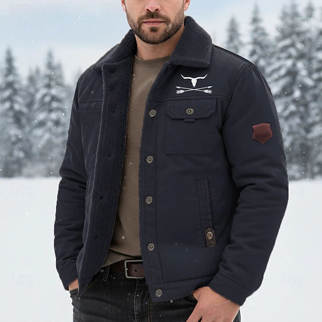 Men’s Cow-Print Sherpa Fleece Cargo Winter Jacket