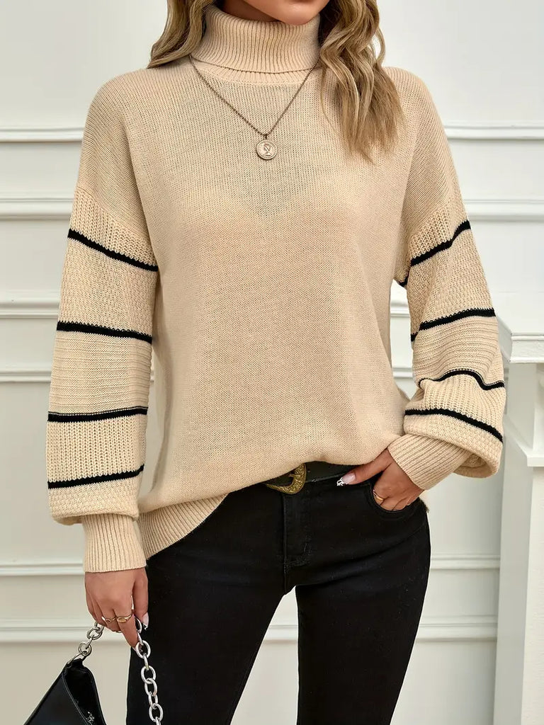 Women's Stripe Turtleneck Sweater – Casual Long Sleeve for Fall & Winter