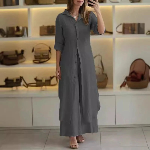 Slim Waist Long Shirt Wide Leg Pants Set