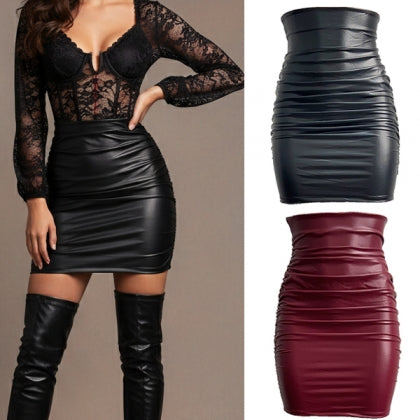 Women’s High-Waist Ruched PU Leather Bodycon Mini Skirt