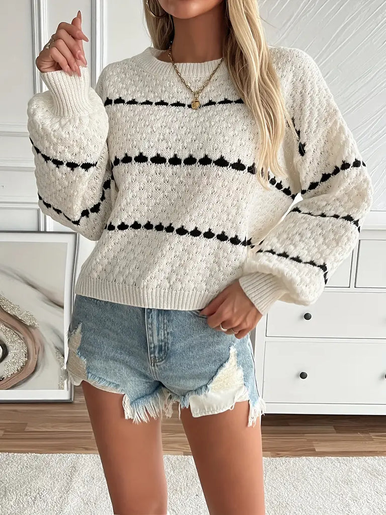 Elegant Geometric Knit Sweater for Women - Crew Neck, Semi-Sheer