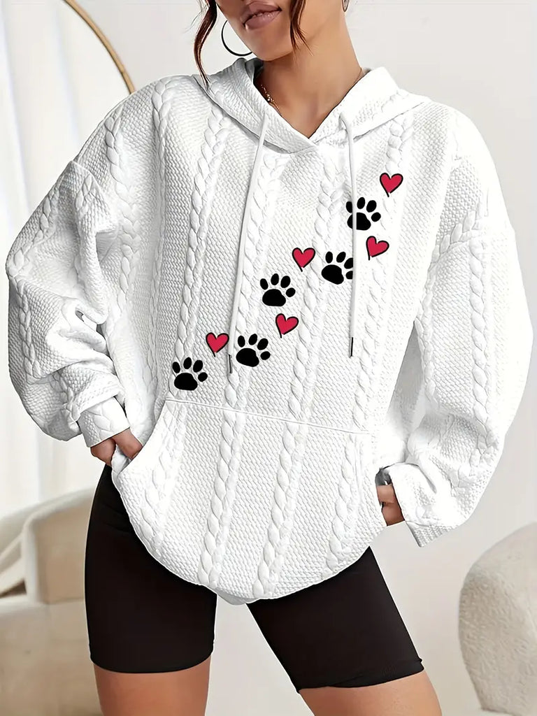 Women's Paw & Heart Print Hoodie – Casual Long Sleeve with Kangaroo Pocket