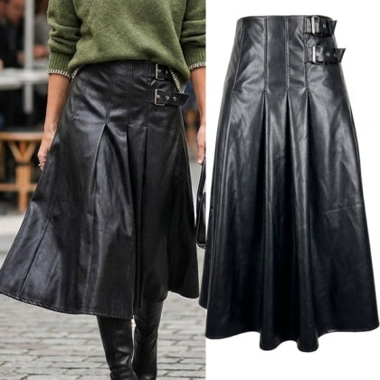 Women’s High-Waist PU Leather Side-Buckle Pleated Midi Skirt