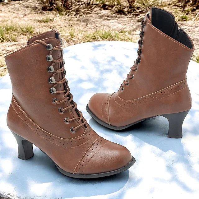 Women's Victorian Brown Mid-Heel Lace-Up Boots with Zipper