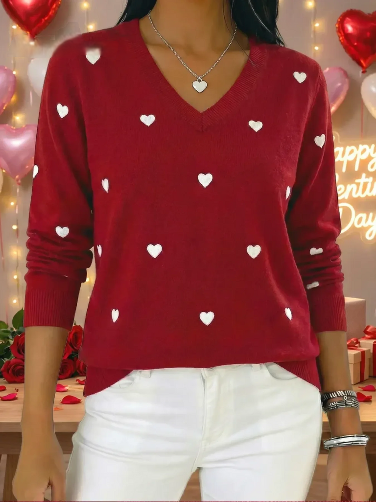 Women’s Valentine Heart Jacquard V-Neck Knit Jumper