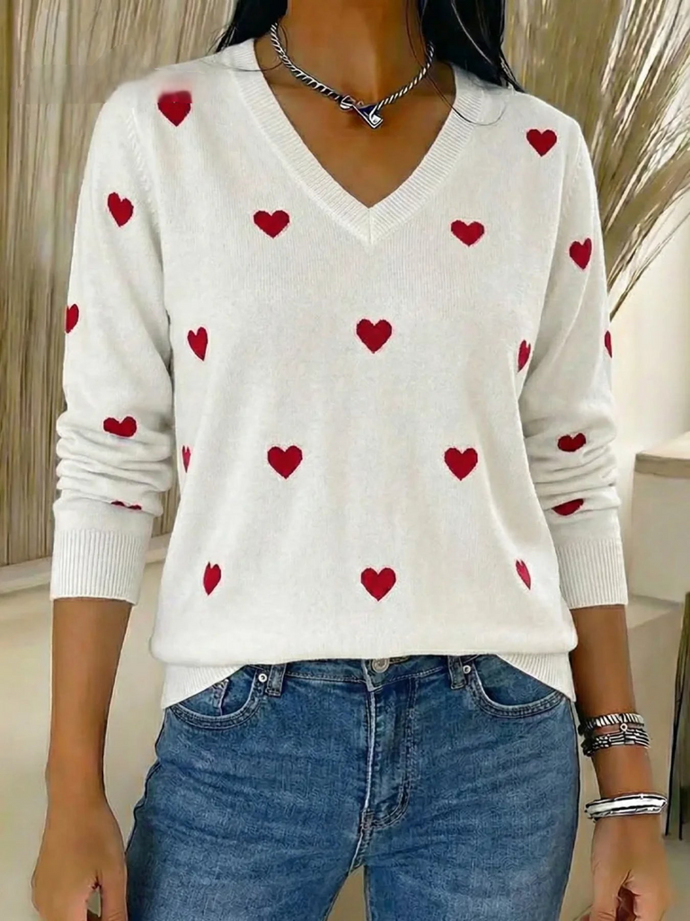Women’s Valentine Heart Jacquard V-Neck Knit Jumper