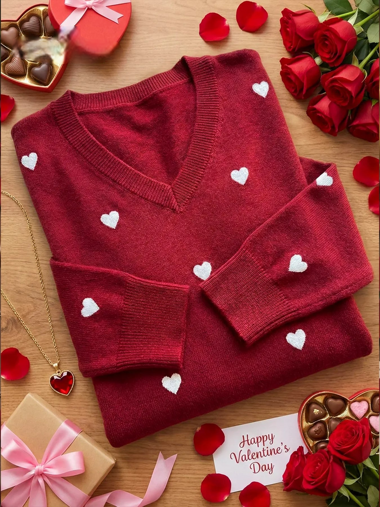 Women’s Valentine Heart Jacquard V-Neck Knit Jumper