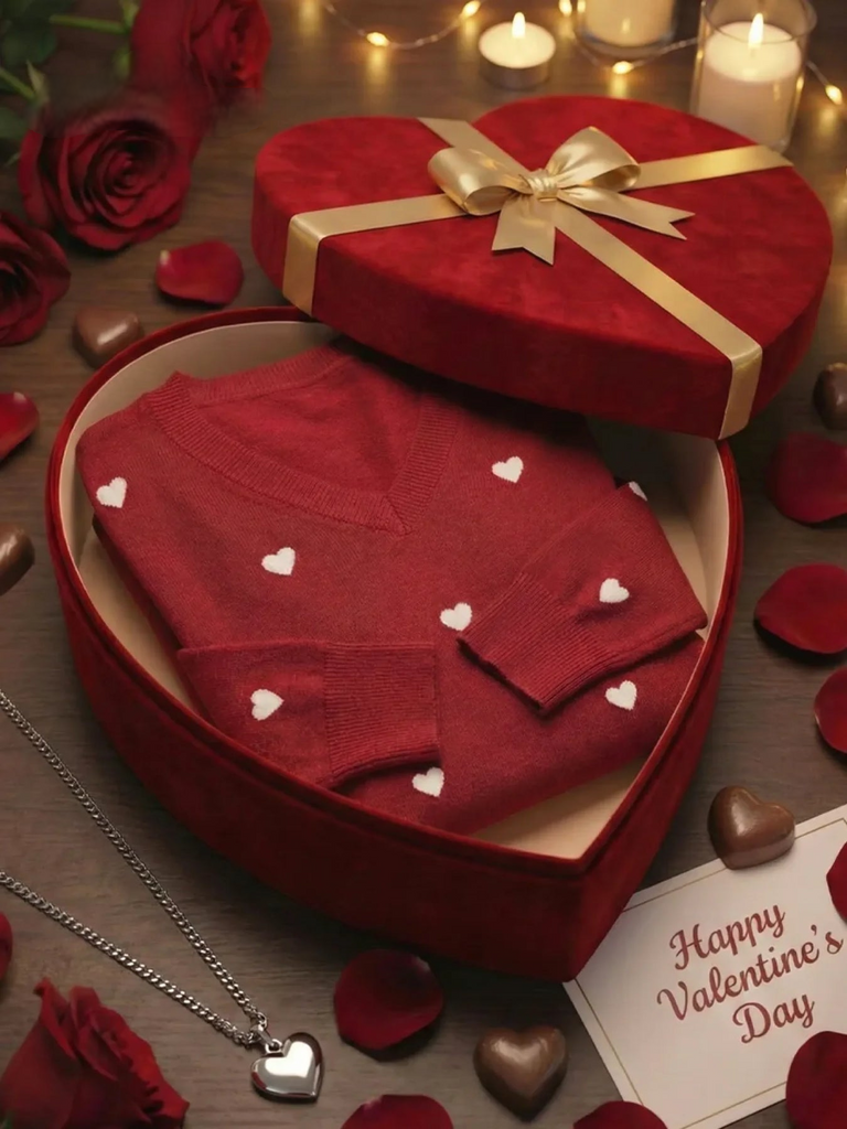 Women’s Valentine Heart Jacquard V-Neck Knit Jumper