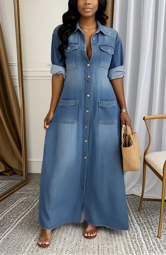 Women’s Washed Panelled Denim Shirt Dress with Lapel Collar and Pockets