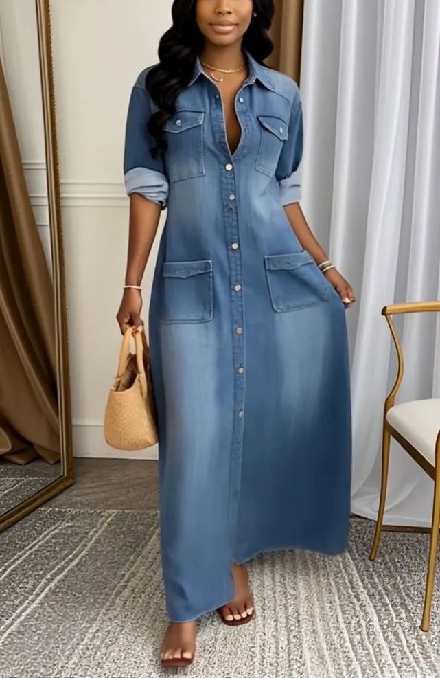 Women’s Washed Panelled Denim Shirt Dress with Lapel Collar and Pockets