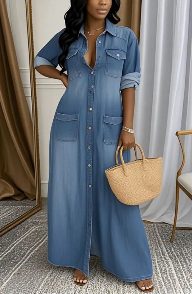 Women’s Washed Panelled Denim Shirt Dress with Lapel Collar and Pockets