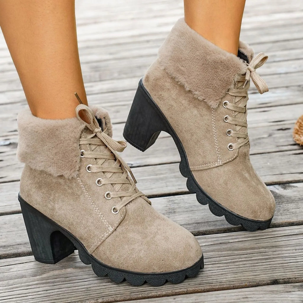 Women's Lace-up High-heeled Cotton Boots
