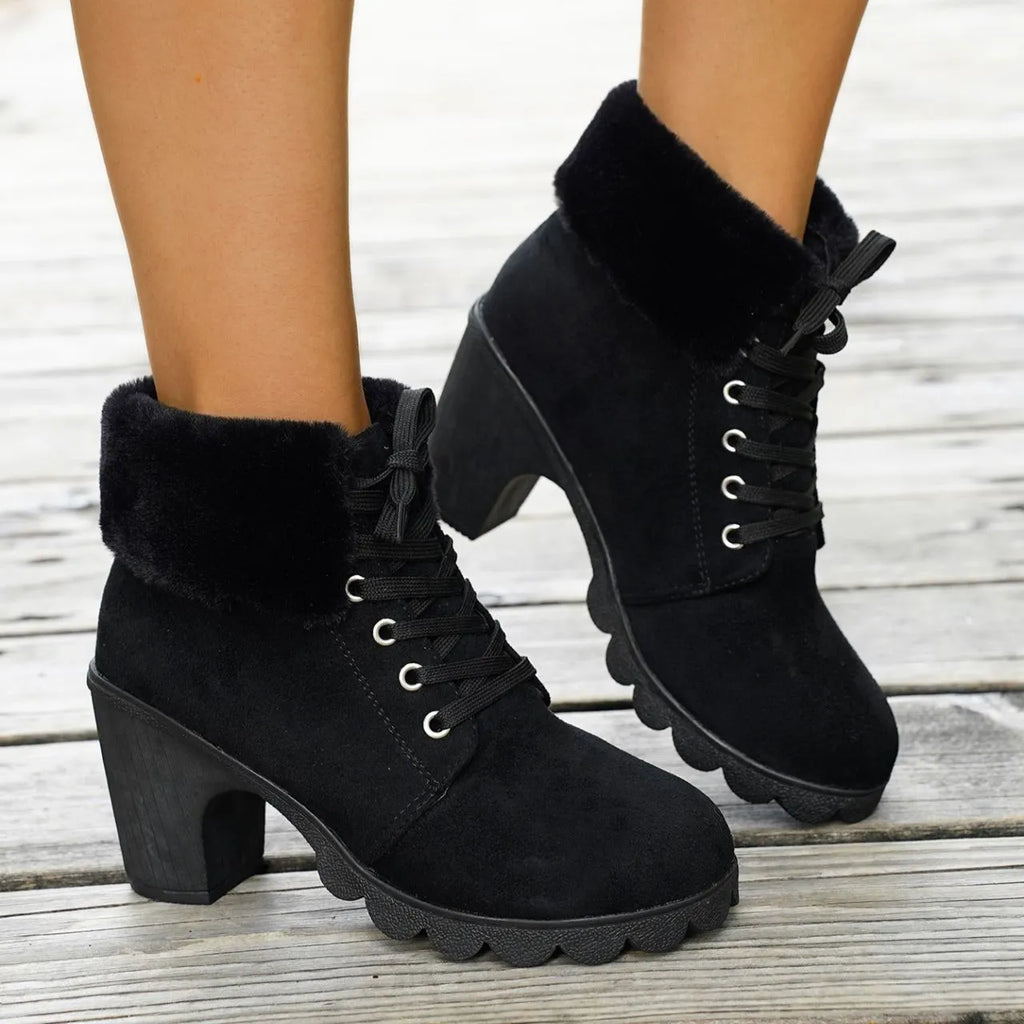 Women's Lace-up High-heeled Cotton Boots