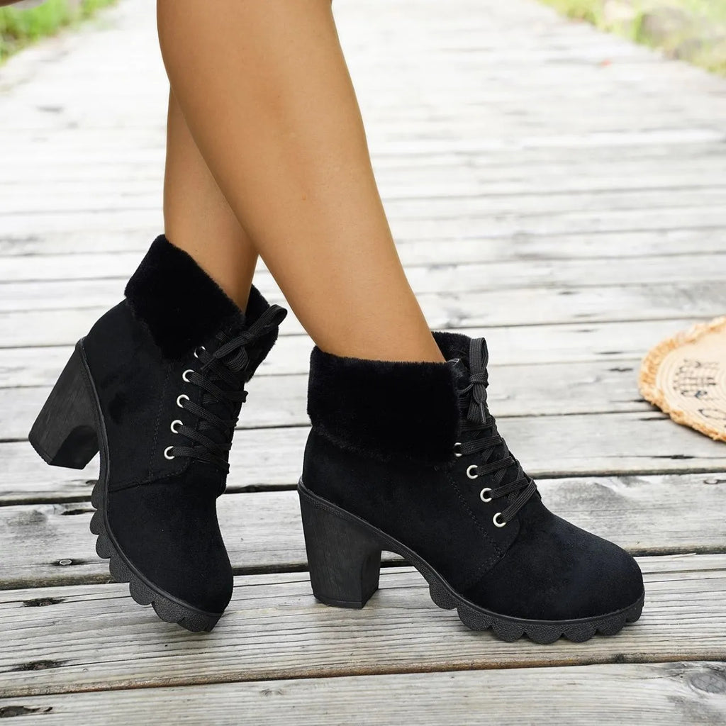 Women's Lace-up High-heeled Cotton Boots