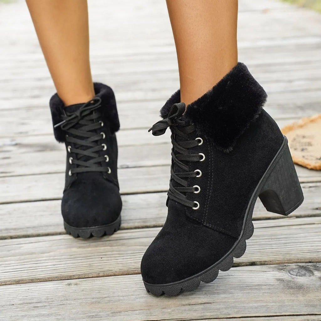 Women's Lace-up High-heeled Cotton Boots