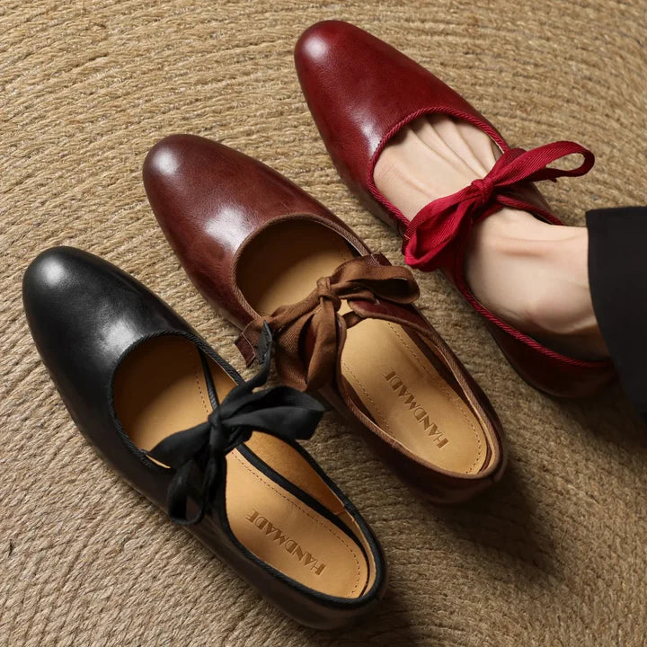Women’s Lace-Up Leather Ballet Flats with Low Square Heel