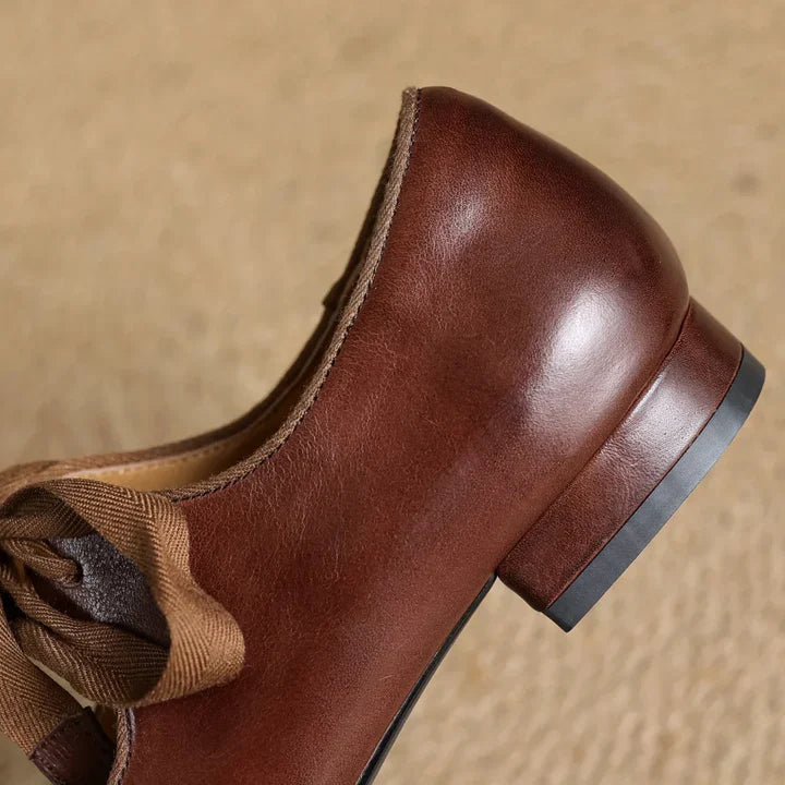 Women’s Lace-Up Leather Ballet Flats with Low Square Heel