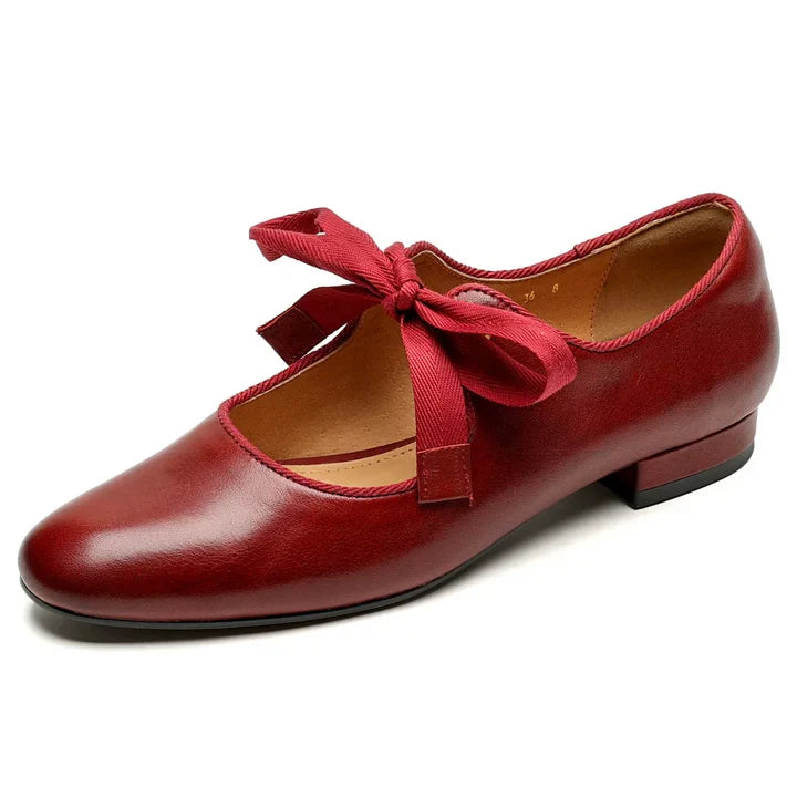 Women’s Lace-Up Leather Ballet Flats with Low Square Heel