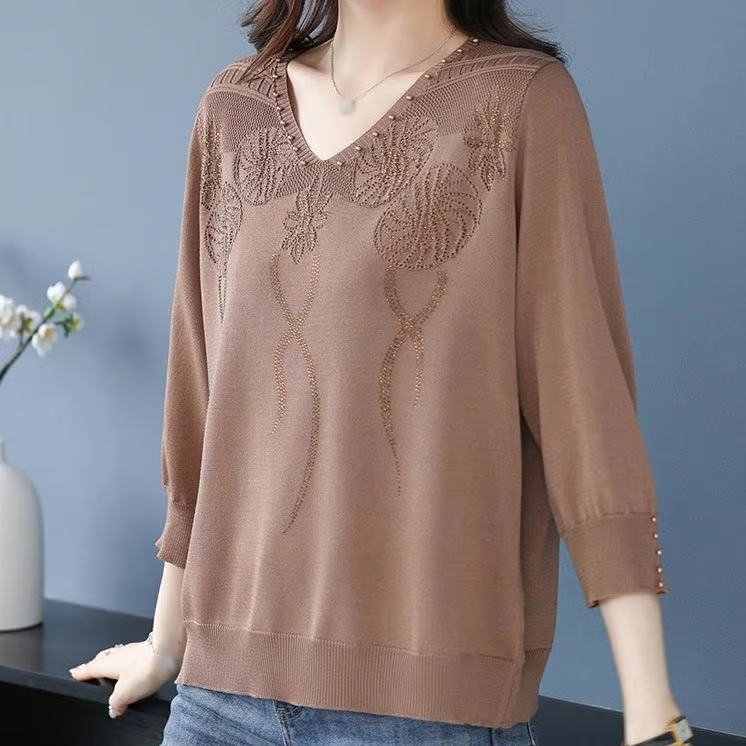 Women's Vintage V-Neck Beaded Pullover Sweater T-Shirt