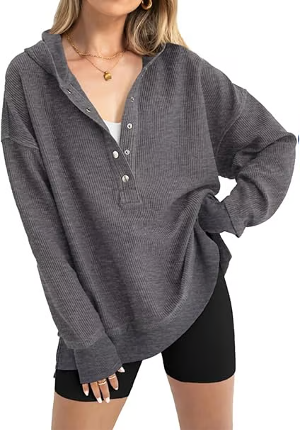 Womens Fashion Long Sleeve Hoodie Oversized Button Up V Neck Sweatshirt Side Slit Casual Pullover
