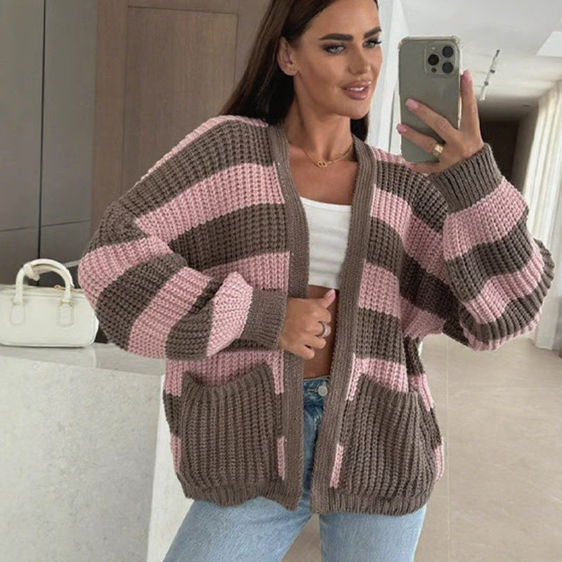 Women's Stylish Striped Open Front Sweater