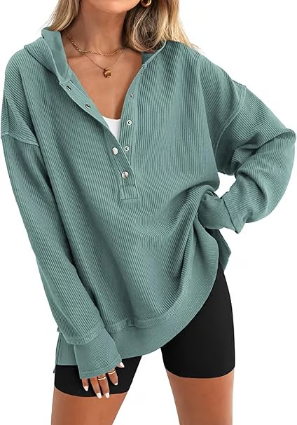 Womens Fashion Long Sleeve Hoodie Oversized Button Up V Neck Sweatshirt Side Slit Casual Pullover