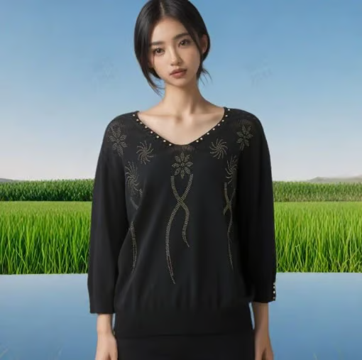 Women's Vintage V-Neck Beaded Pullover Sweater T-Shirt