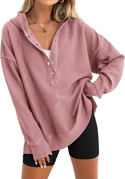 Womens Fashion Long Sleeve Hoodie Oversized Button Up V Neck Sweatshirt Side Slit Casual Pullover