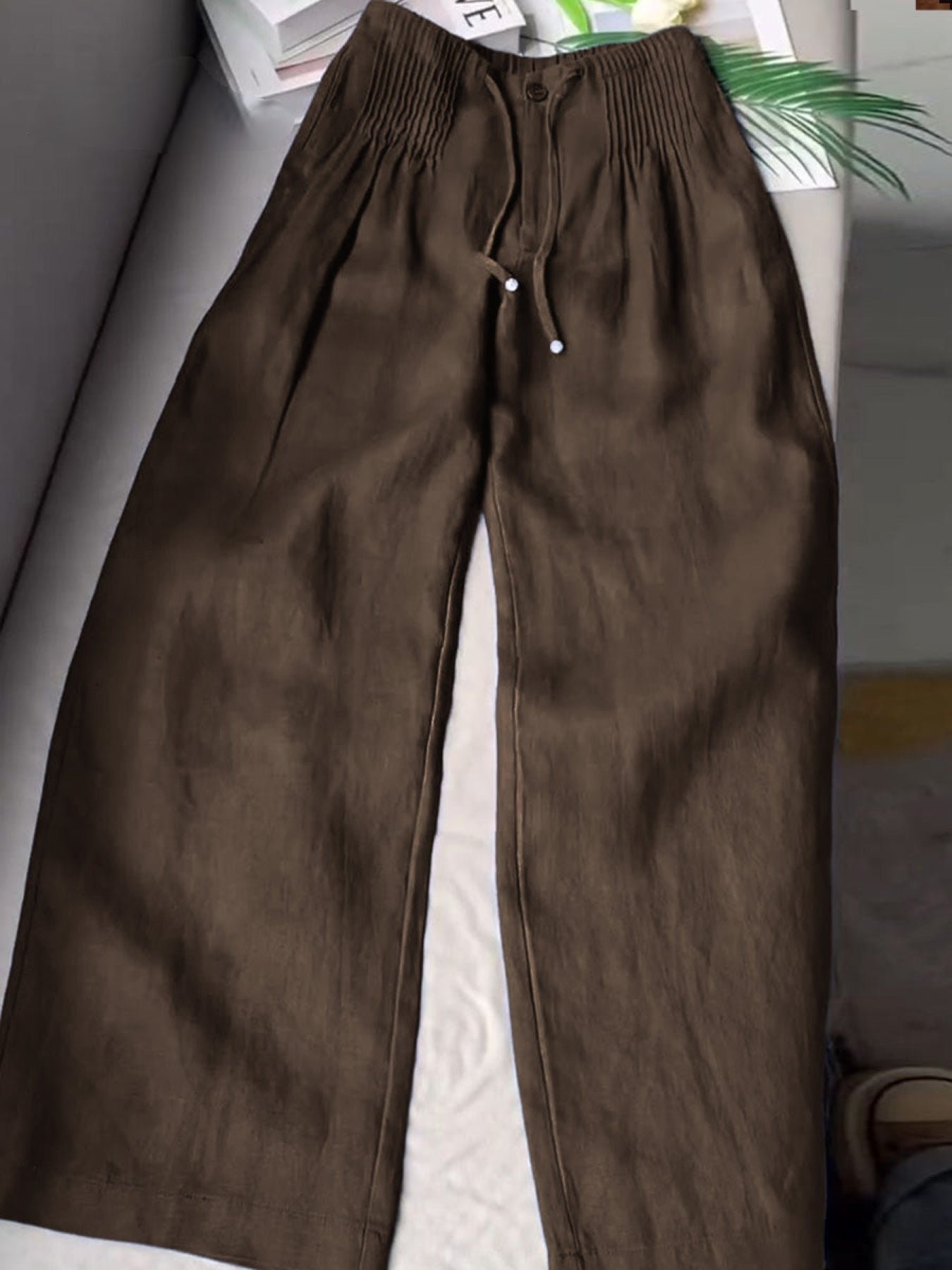 Women’s Pleated Drawstring Wide Leg Cotton Linen Trousers