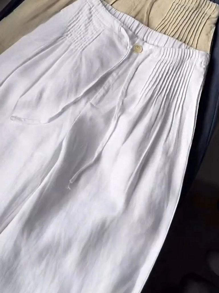 Women’s Pleated Drawstring Wide Leg Cotton Linen Trousers