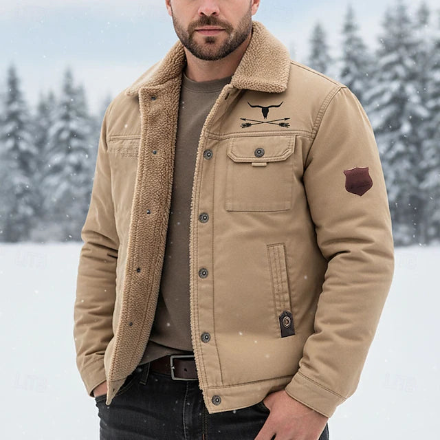 Men’s Cow-Print Sherpa Fleece Cargo Winter Jacket