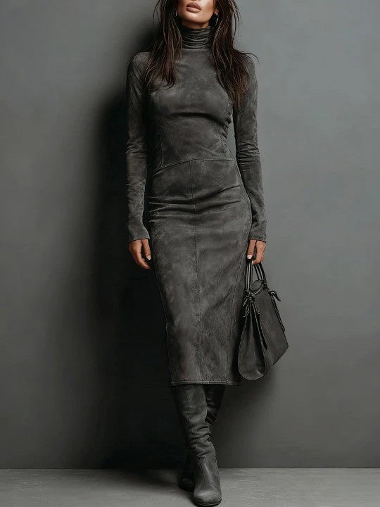 Women’s High Neck Suede-Effect Long-Sleeve Midi Dress