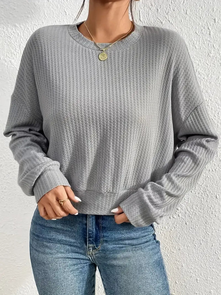 Waffle Knit Crew Neck Pullover Sweater