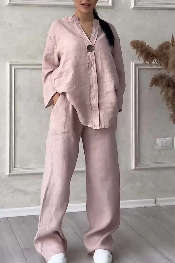 Women’s Cotton & Linen Two-Piece Set with Button Detail