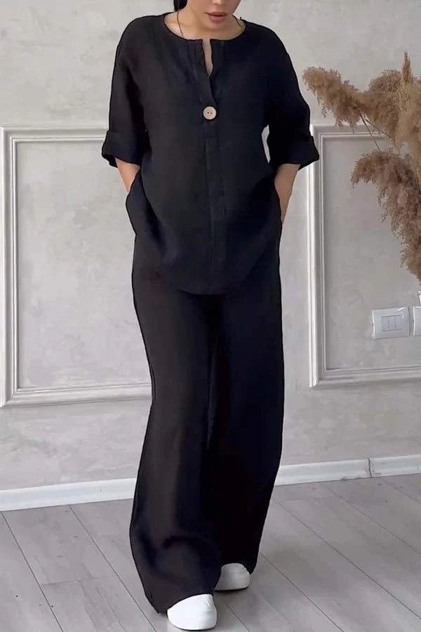 Women’s Cotton & Linen Two-Piece Set with Button Detail