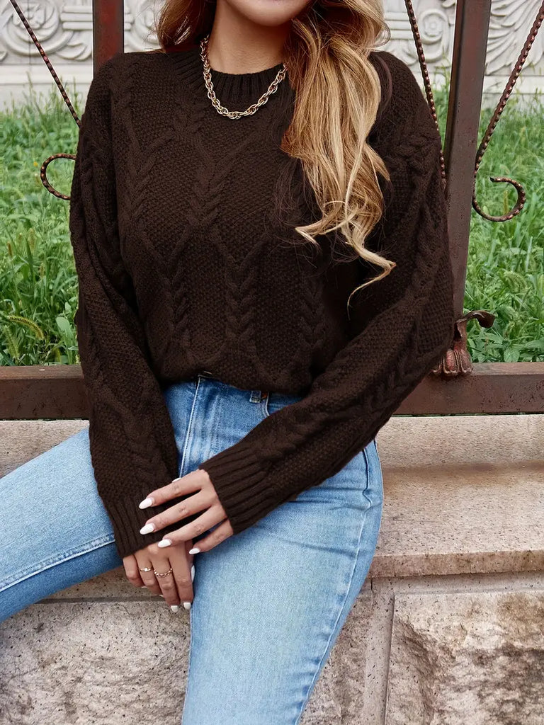 Cable Knit Crew Neck Sweater - Women's Long Sleeve Fall/Winter Top