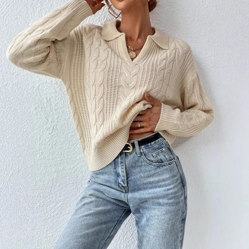 Women’s Cable-Knit Polo Collar Long Sleeve Pullover Jumper