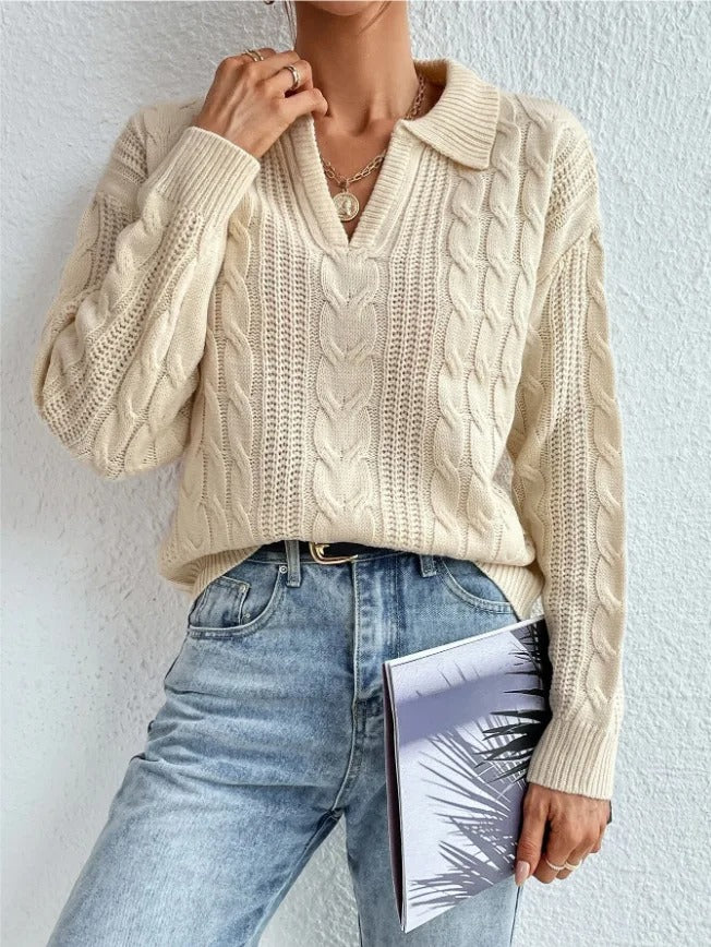 Women’s Cable-Knit Polo Collar Long Sleeve Pullover Jumper