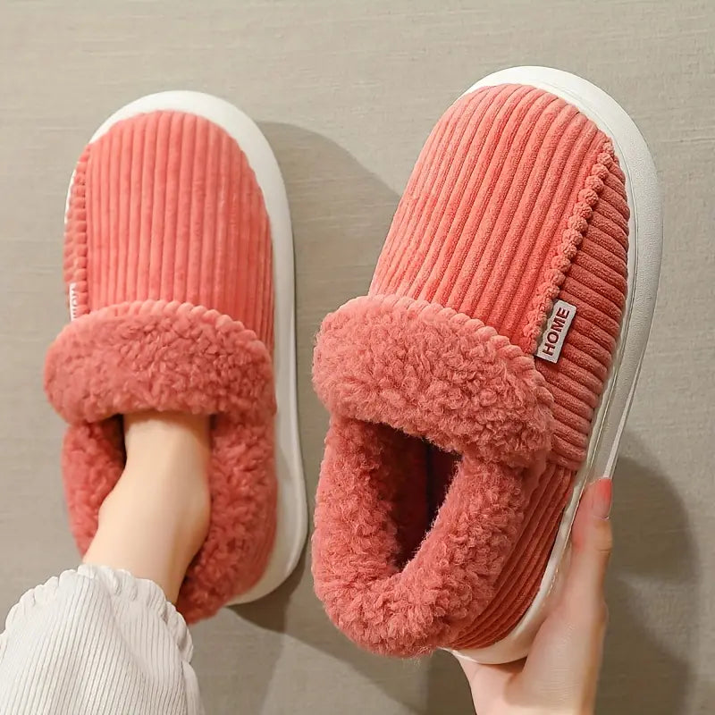 Unisex Plush Winter Slippers – Striped Slip-On House Shoes with PVC Sole